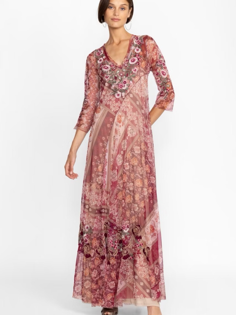 NWT Johnny Was Cardinal Mesh Maxi Slip Dress Red Sheer sz L $435 BohoChic Hippie
